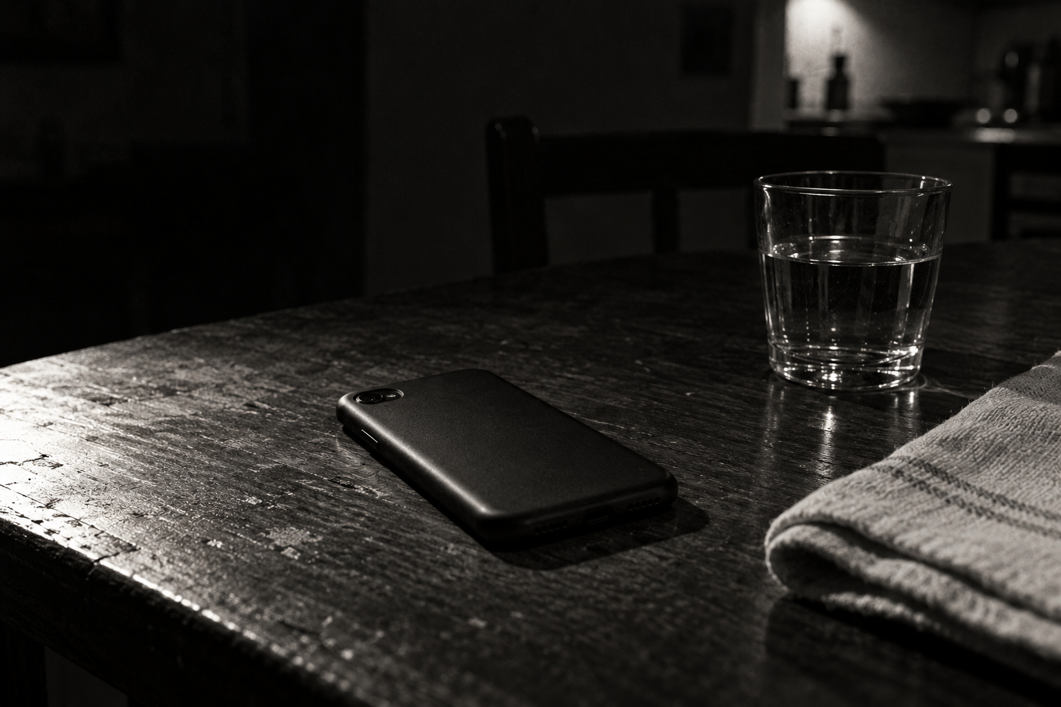 Un telefono a faccia in giù sul tavolo della cucina, accanto a un bicchiere.